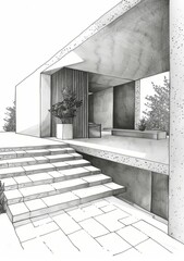 b'Black and white sketch of a modern house'