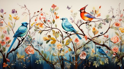 a photo intricate watercolor composition portraying a variety of exotic birds perched on blooming branches, AI Generative