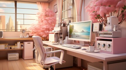 b'A pink home office with a large window and a cherry blossom tree'
