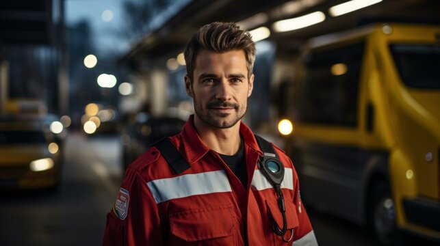b'portrait of a handsome young male paramedic in uniform standing in front of an ambulance'