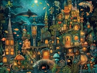 A beautiful painting of an underwater city. The city is made up of colorful buildings and is surrounded by fish and other sea creatures.