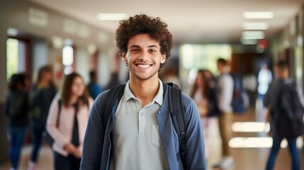 b'Smiling young male high school student with curly hair standing in hallway' - obrazy, fototapety, plakaty