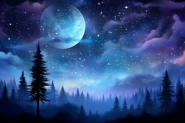 b'Blue moon night forest landscape with stars and clouds'
