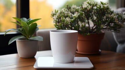 Fototapeta premium b'A cup of coffee on a table near a window with plants in the background'