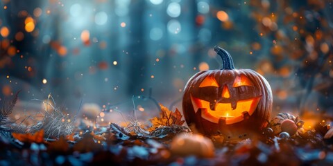 b'Spooky Halloween Pumpkin in the woods' - obrazy, fototapety, plakaty