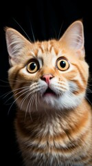 b'A ginger cat looking up with wide open eyes and mouth'