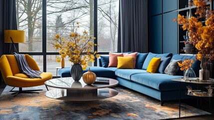 b'Blue and yellow living room with large windows'