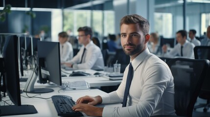 b'Confident businessman working on computer in busy office'