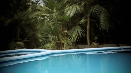 b'Palm trees and blue swimming pool'