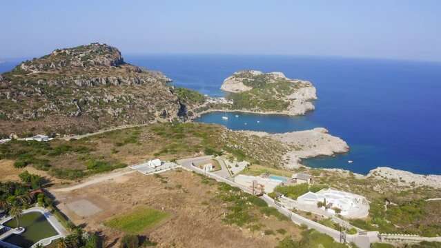 Drone flight above Anthony Quinn Bay in Faliraki, Rhodes Island, Greece