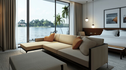 Living room in modern style with lake view