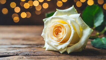 Mothers day composition.A beautiful white rose on the wooden table background with bokeh effect.