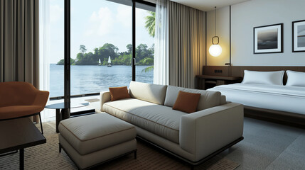 Living room in modern style with lake view