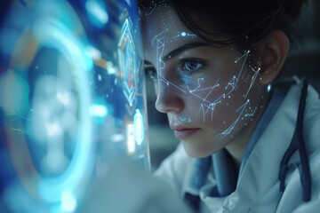 b'A young female scientist wearing a lab coat and using a futuristic computer interface'