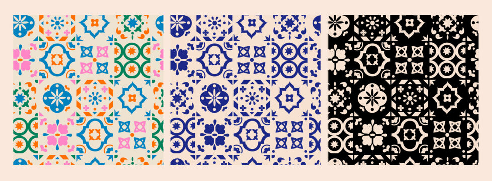 Various square Tiles. Different colorful ornaments. Traditional mediterranean style. Hand drawn Vector illustration. Ceramic tiles. Grunge texture. Set of three Square seamless Patterns