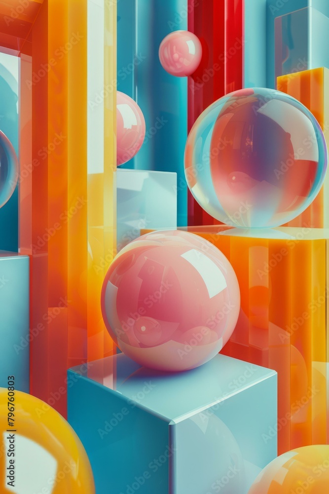 Poster b'pink and blue abstract 3d rendering with floating spheres and geometric shapes'