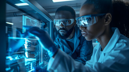 Two scientists are looking at a computer screen with a blue background