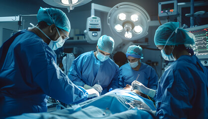 A group of surgeons are performing a surgery on a patient