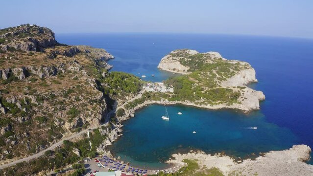 Drone flight above Anthony Quinn Bay in Faliraki, Rhodes Island, Greece