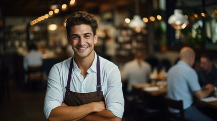 Obraz premium b'Portrait of a smiling young male waiter in a restaurant'