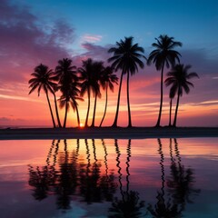b'Palm trees on a tropical beach at sunset'