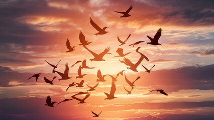 flying the birds enjoying nature on sunset background, hope concept, photo
