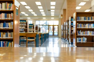 College library interior with blurred background, ideal for bookstore or education concept. Concept Academic setting, Indoor bookstore, Learning environment, Educational ambiance, Library interior
