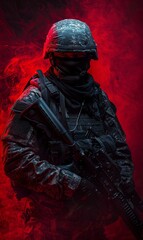 b'Soldier in black uniform and mask holding a gun'