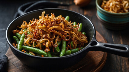 Green Bean Casserole topped with crispy fried onions in a black dish with spoon, american cuisine,...
