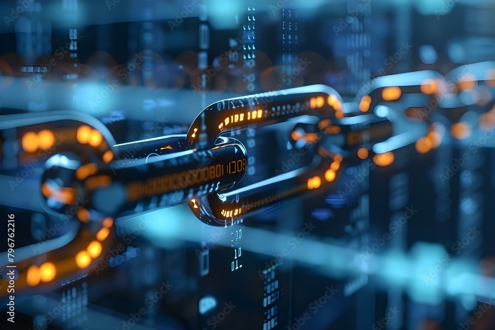 Poster closeup photo showing blockchain legal financial terms in secure smart contract block. concept block
