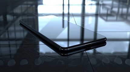 High-tech glossy black smartphone on a reflective surface - obrazy, fototapety, plakaty