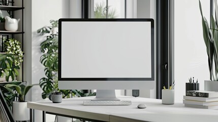Fototapeta premium Home office workspace with a mock-up computer screen and stylish furnishings