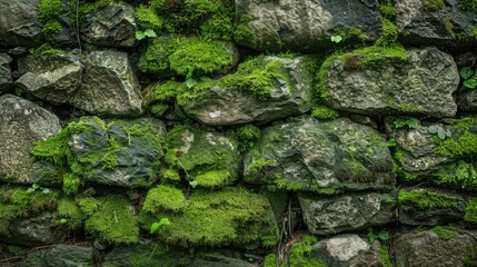Lush green moss on an old stone wall - obrazy, fototapety, plakaty