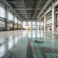 b'Large empty factory building interior with concrete floor and big windows'
