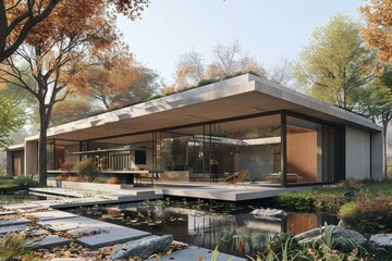 Modern house with minimalist architecture surrounded by autumn trees and a pond - obrazy, fototapety, plakaty