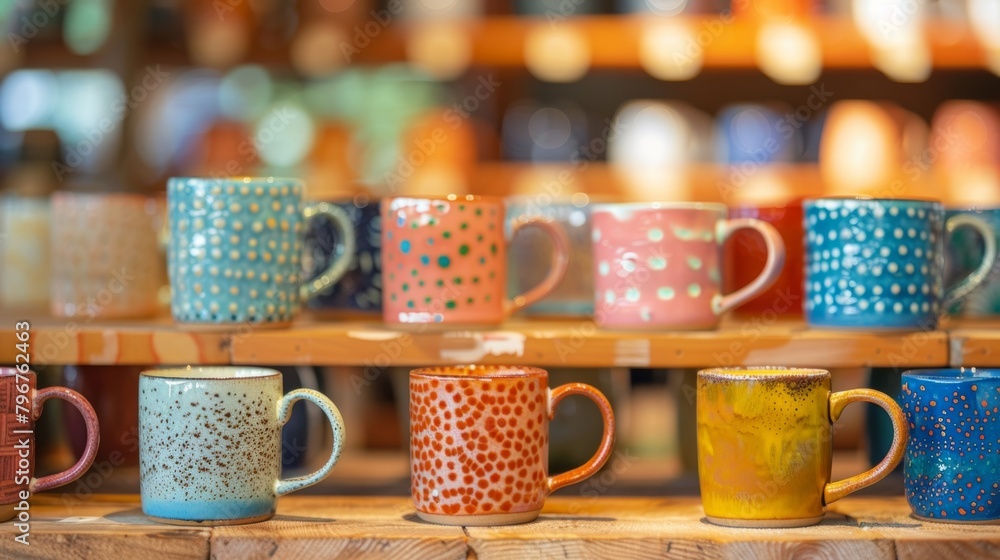 Poster a collection of finished mugs on display each one distinctly different from the next but all reflect