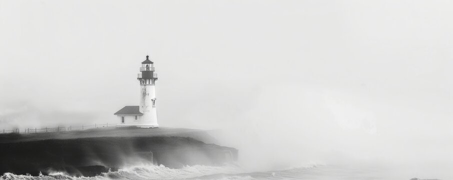 Peaceful lighthouse in misty seascape