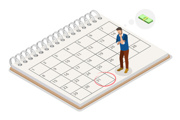 3D Isometric Flat  Illustration of Salary Calendar, Employee Waiting for Salary Payment
