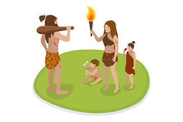 3D Isometric Flat  Illustration of Caveman Family, Primitive People in Stone Age