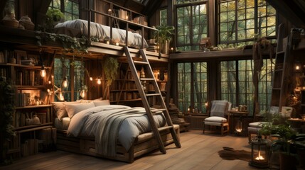 b'A cozy cabin in the woods with a bedroom and living area'
