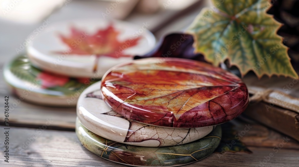 Aufkleber a set of ceramic coasters each with a different design depicting the changing colors of autumn leave