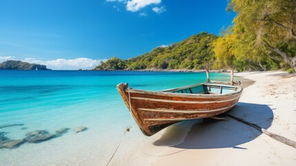 Fototapeta na wymiar b'Wooden boat on a tropical beach with white sand and clear blue water'