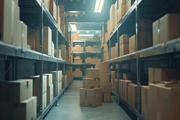 Goods packages lying on storehouse racks, modern storage. AI generative