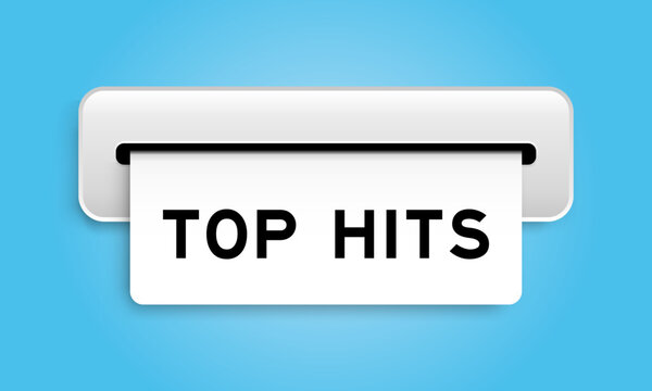 White coupon banner with word top hits from machine on blue color background