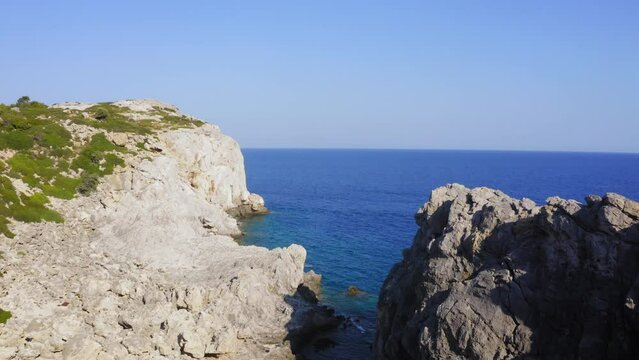 Drone flight above Anthony Quinn Bay in Faliraki, Rhodes Island, Greece