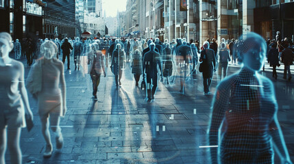 High tech view of a crowded city sidewalk with digital markers on each person AI recognizing faces and behaviors dynamically
