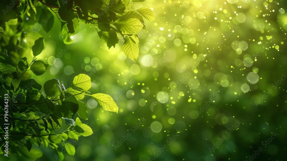 Poster defocused canopy of trees in a magical forest creating a soft and diffused light that illuminates th