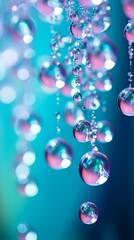 b'Pink bubbles hanging in front of blue background' - obrazy, fototapety, plakaty