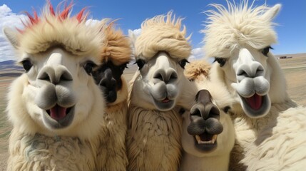 Fototapeta premium b'Four alpacas with different hair colors sticking their heads out'