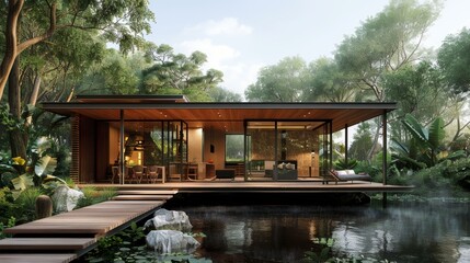 A modern house in the middle of a pond surrounded by trees and plants